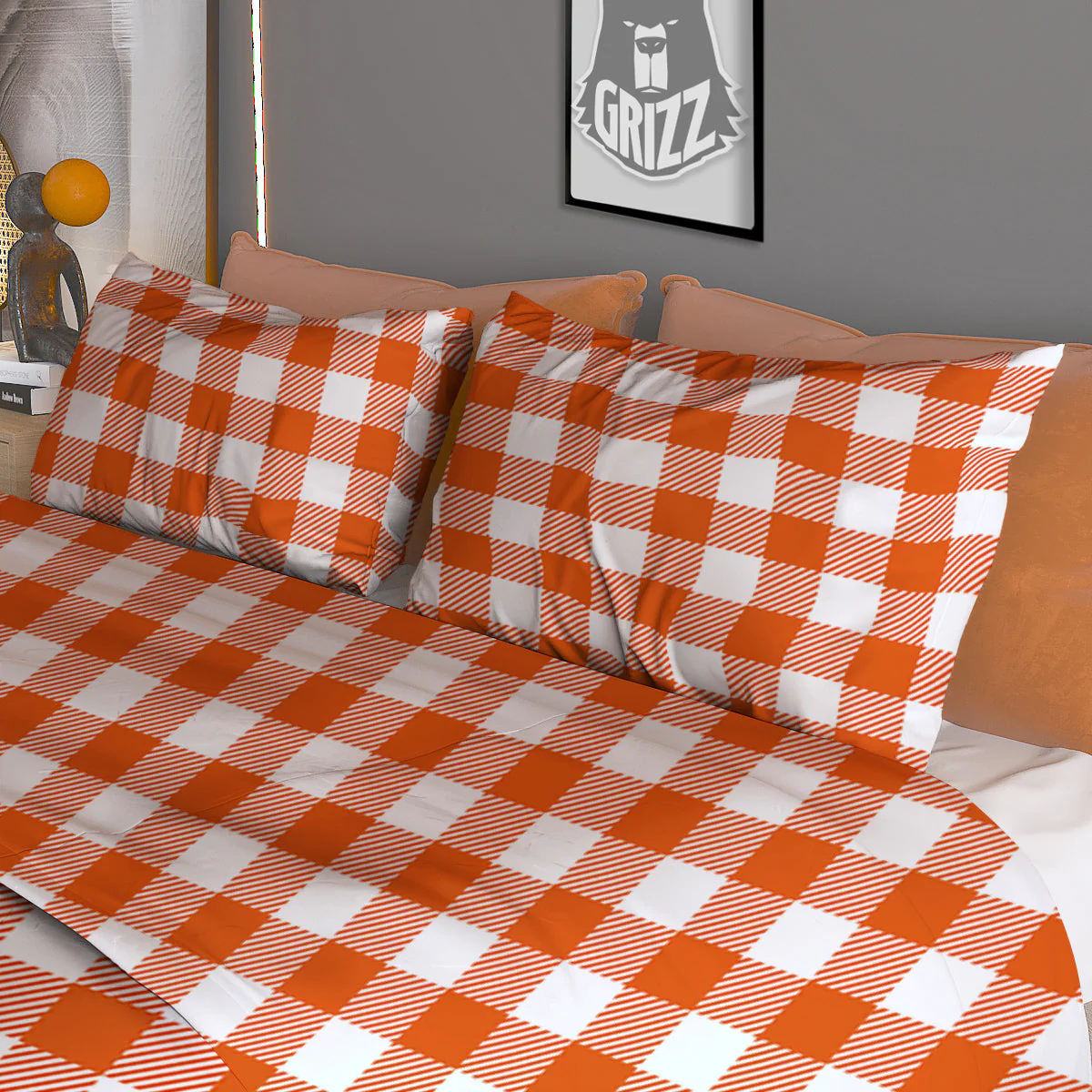 Orange Burnt And White Check Print Duvet Cover Bedding Set - Image 3