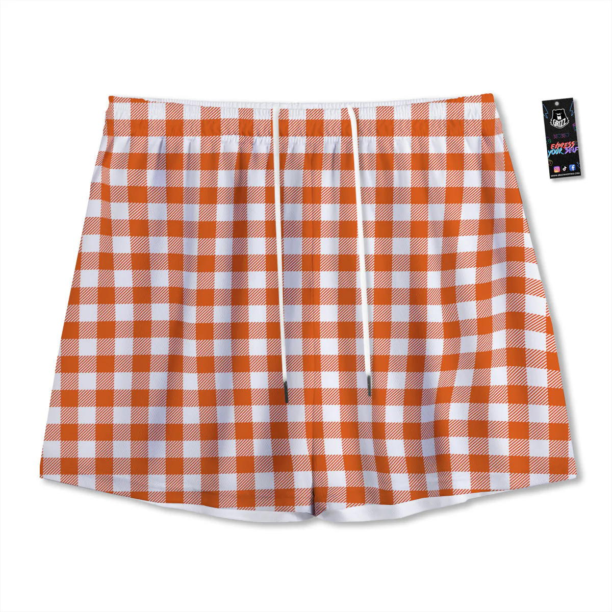 Orange Burnt And White Check Print Mesh Shorts