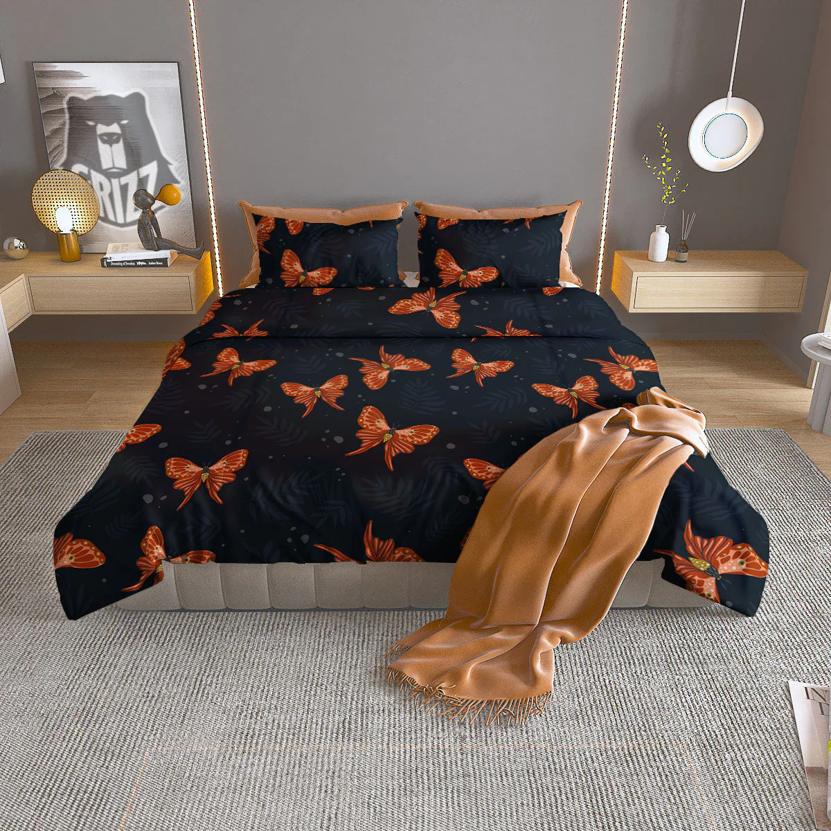 Orange Butterfly Monarch Print Pattern Duvet Cover Bedding Set