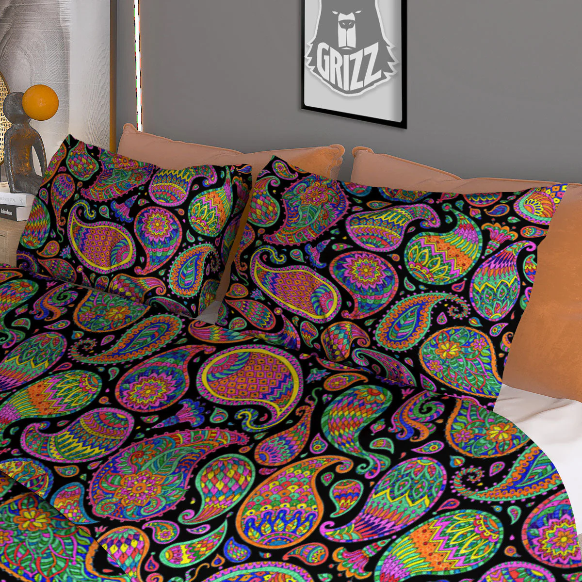Orange Green And Pink Paisley Print Duvet Cover Bedding Set - Image 3