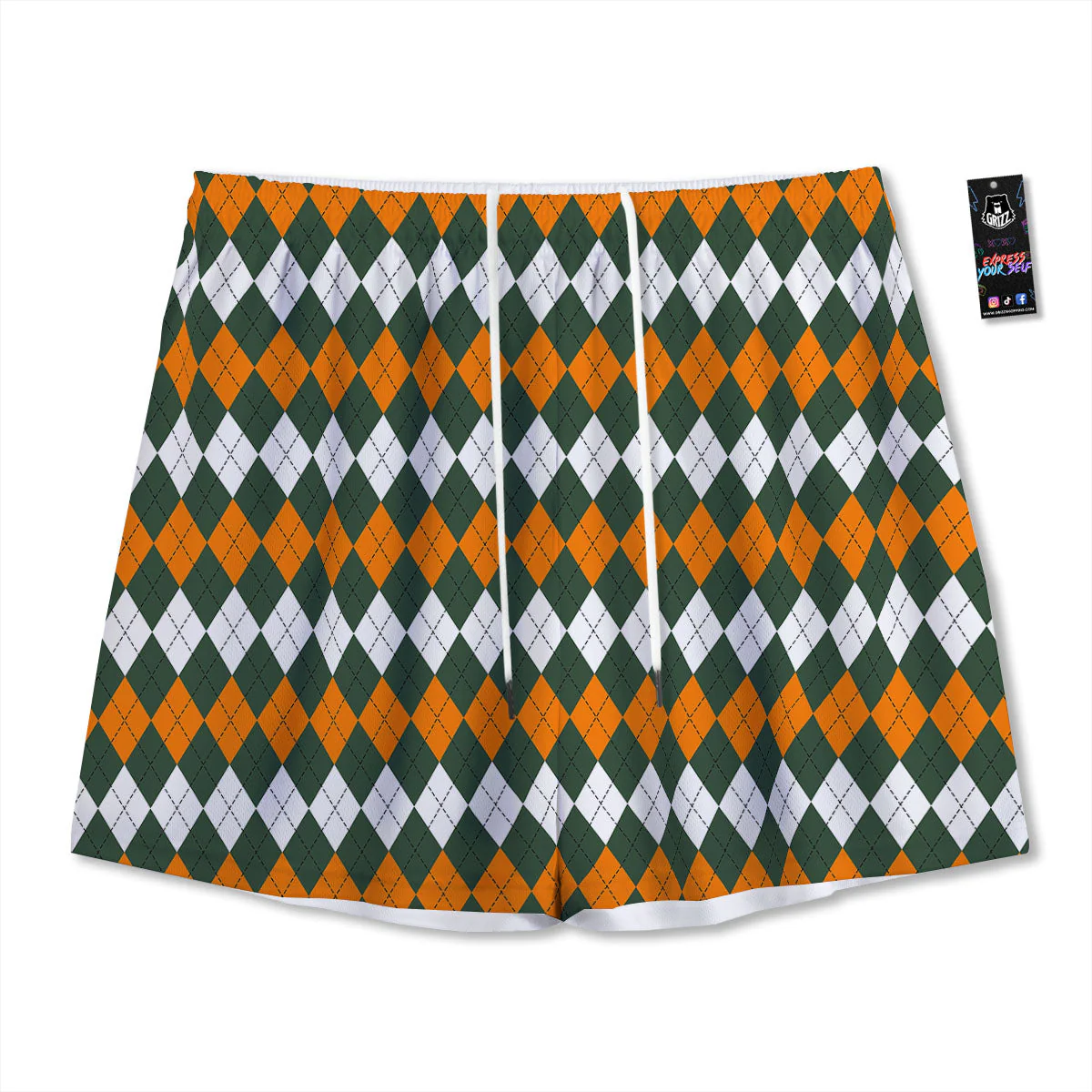 Orange Green And White Argyle Print Mesh Shorts