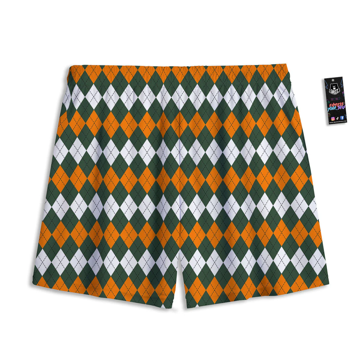 Orange Green And White Argyle Print Mesh Shorts - Image 2