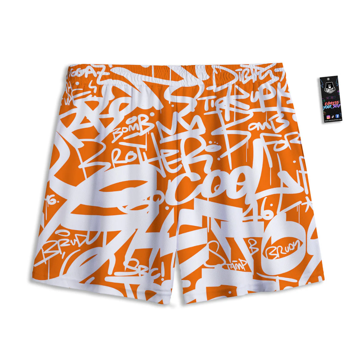 Orange Urban Graffiti Text Print Pattern Mesh Shorts - Image 2