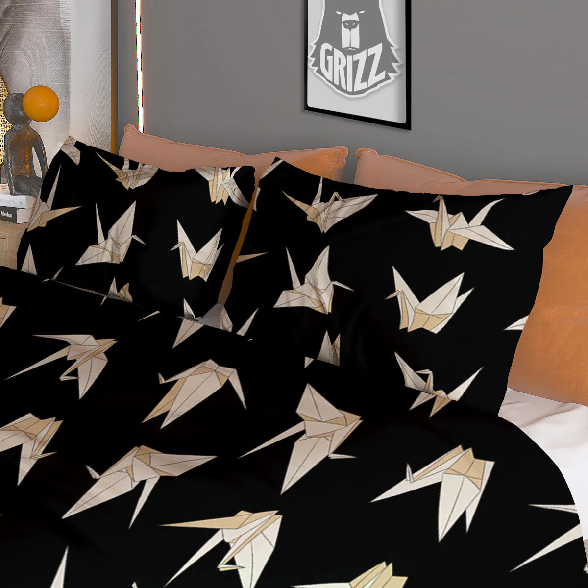 Origami White And Black Print Pattern Duvet Cover Bedding Set - Image 3