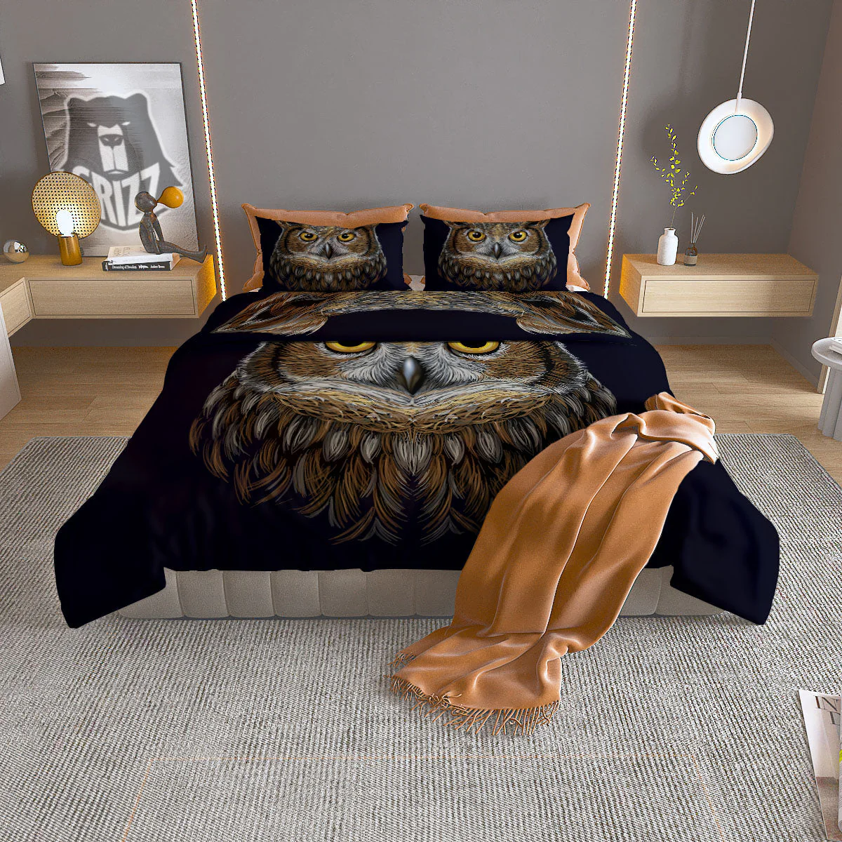 Owl Portrait Print Duvet Cover Bedding Set