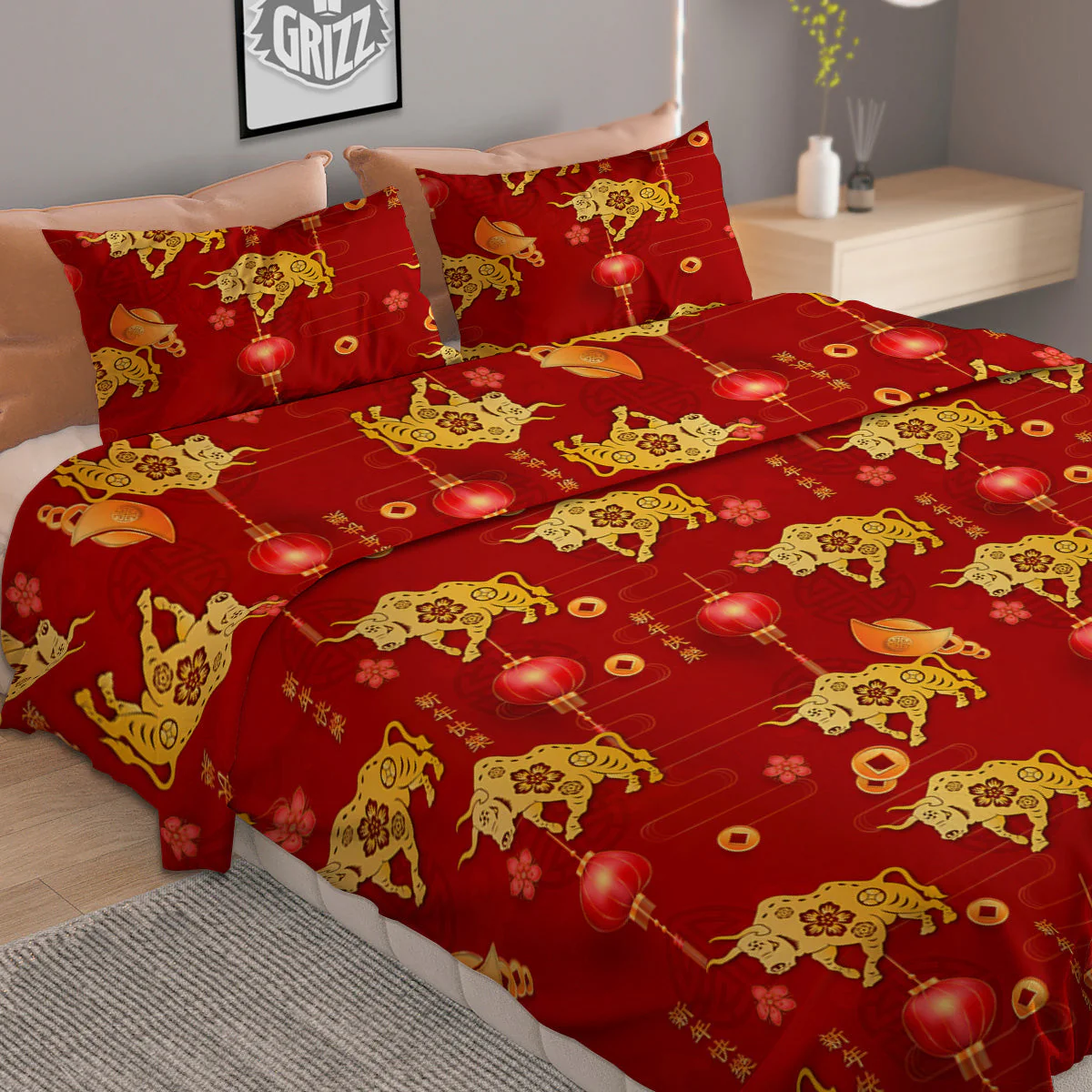 Ox And Chinese New Year Print Pattern Duvet Cover Bedding Set - Image 2
