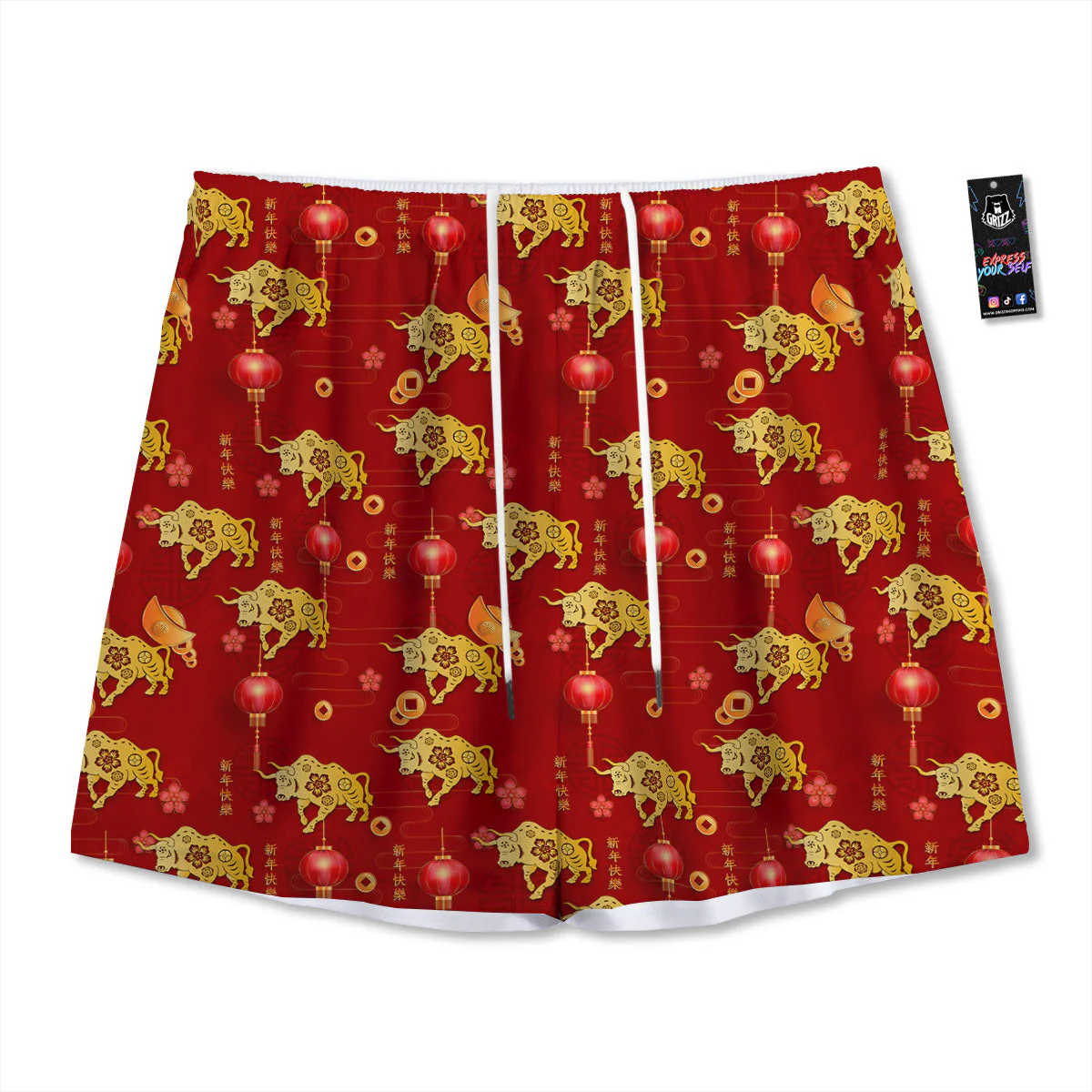 Ox And Chinese New Year Print Pattern Mesh Shorts