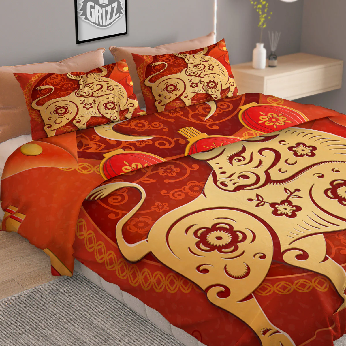 Ox Sign Chinese Horoscope Print Duvet Cover Bedding Set - Image 2