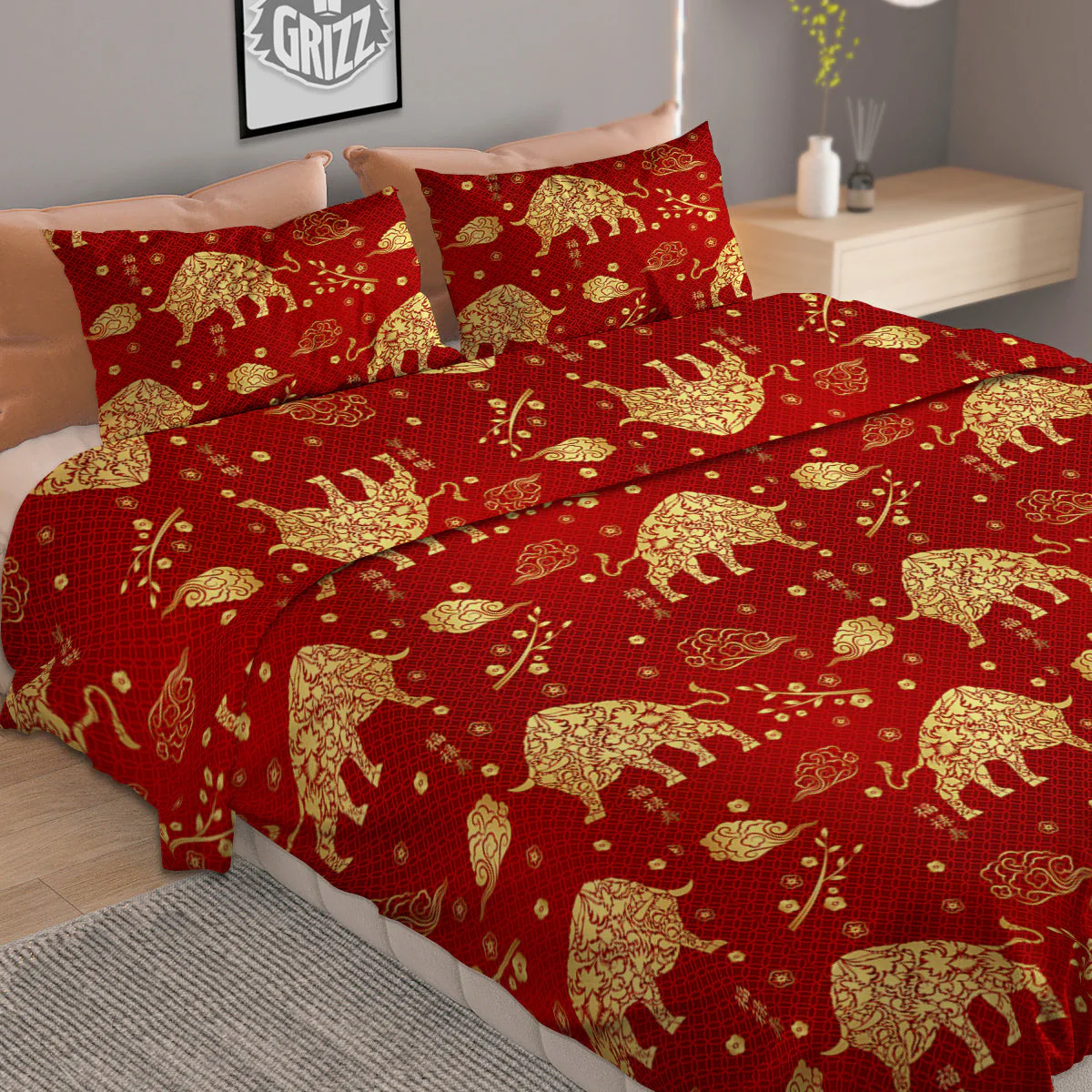 Ox Zodiac Chinese Flower Print Duvet Cover Bedding Set - Image 2