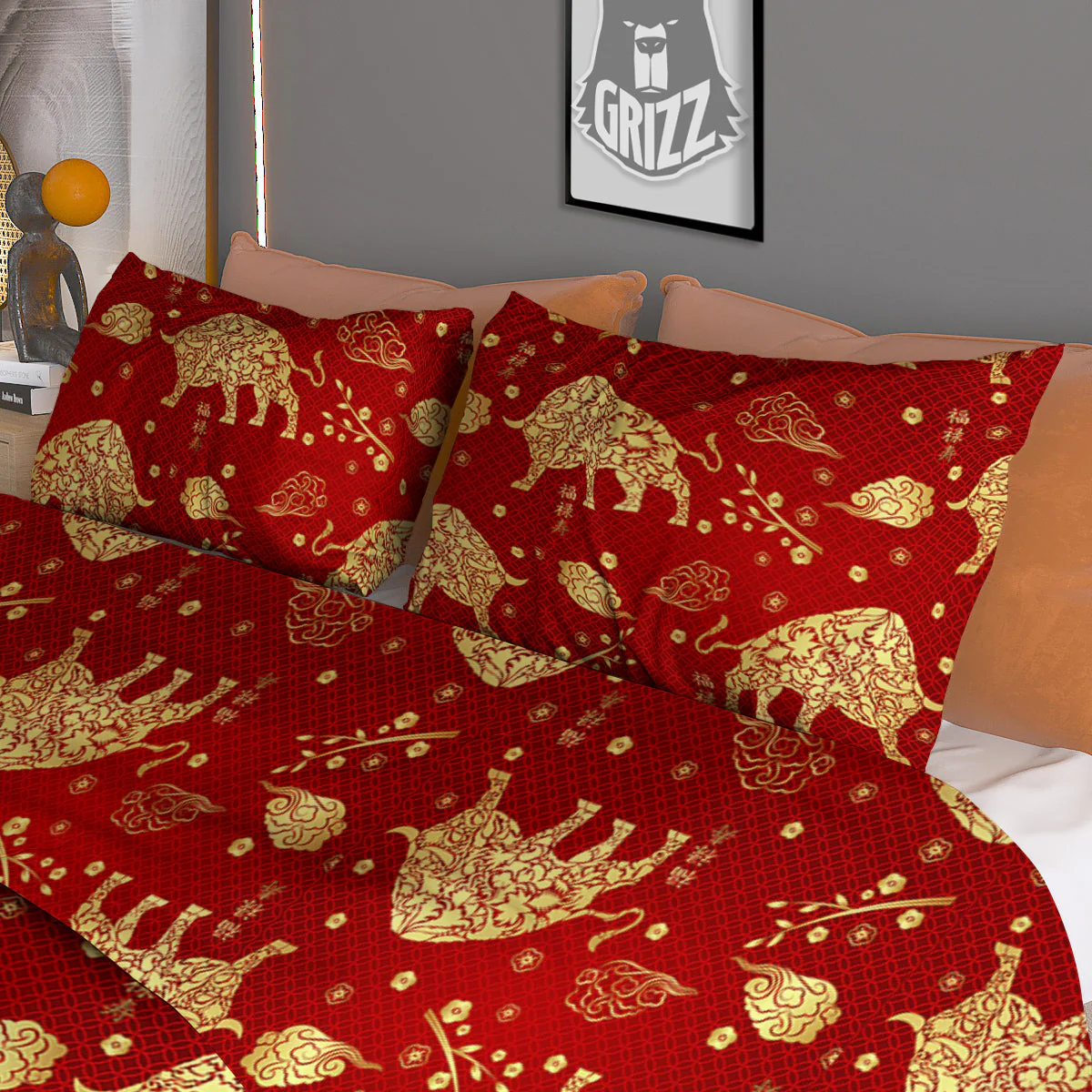 Ox Zodiac Chinese Flower Print Duvet Cover Bedding Set - Image 3