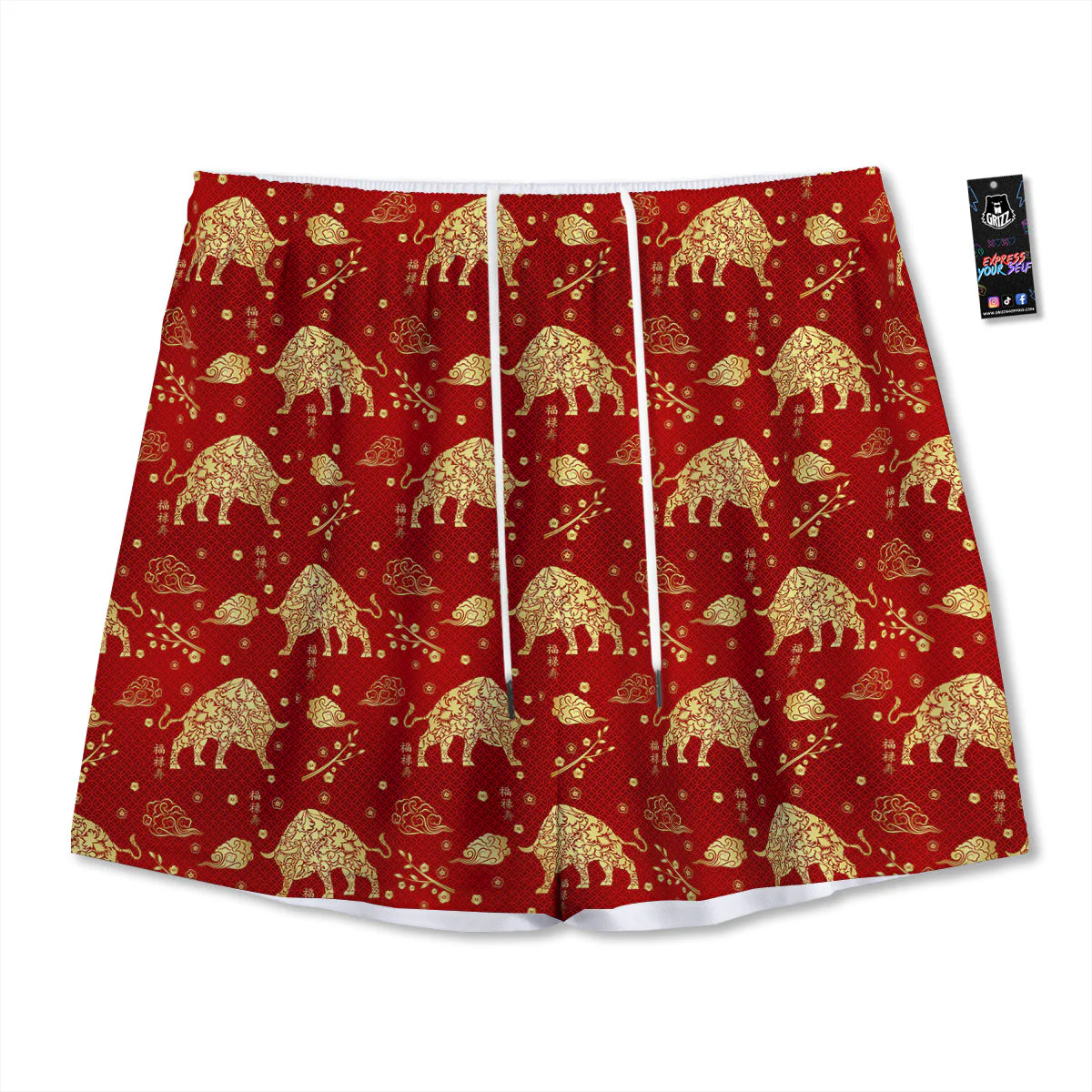 Ox Zodiac Chinese Flower Print Mesh Shorts