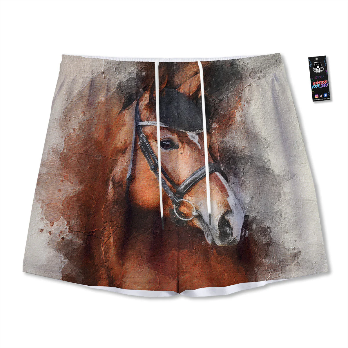 Painting Brown Horse Print Mesh Shorts