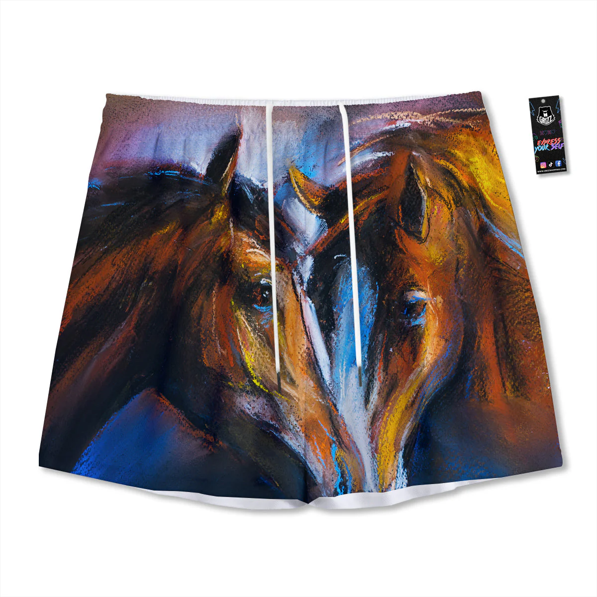 Painting Couple Horses Print Mesh Shorts