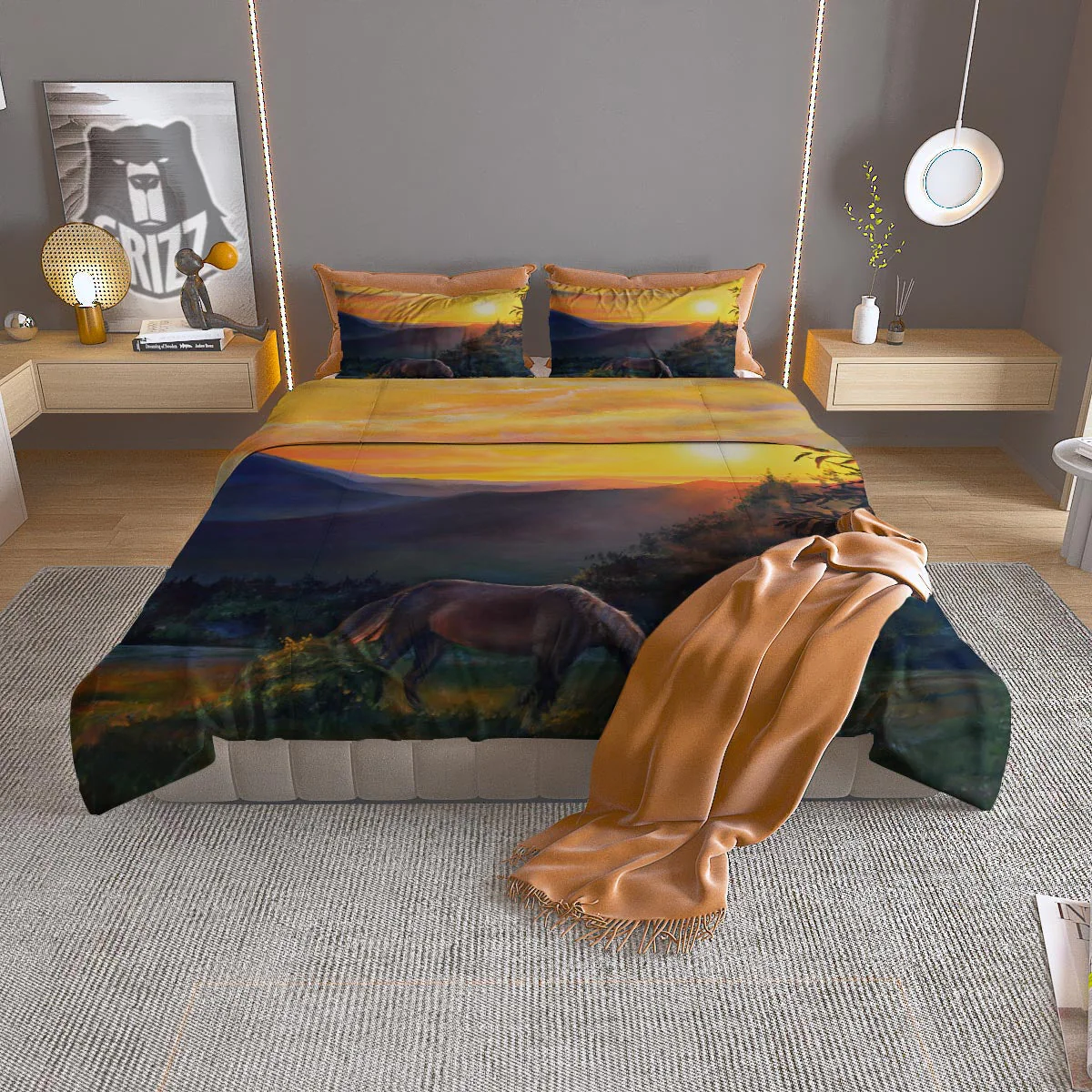 Painting Sunset Horse Print Duvet Cover Bedding Set
