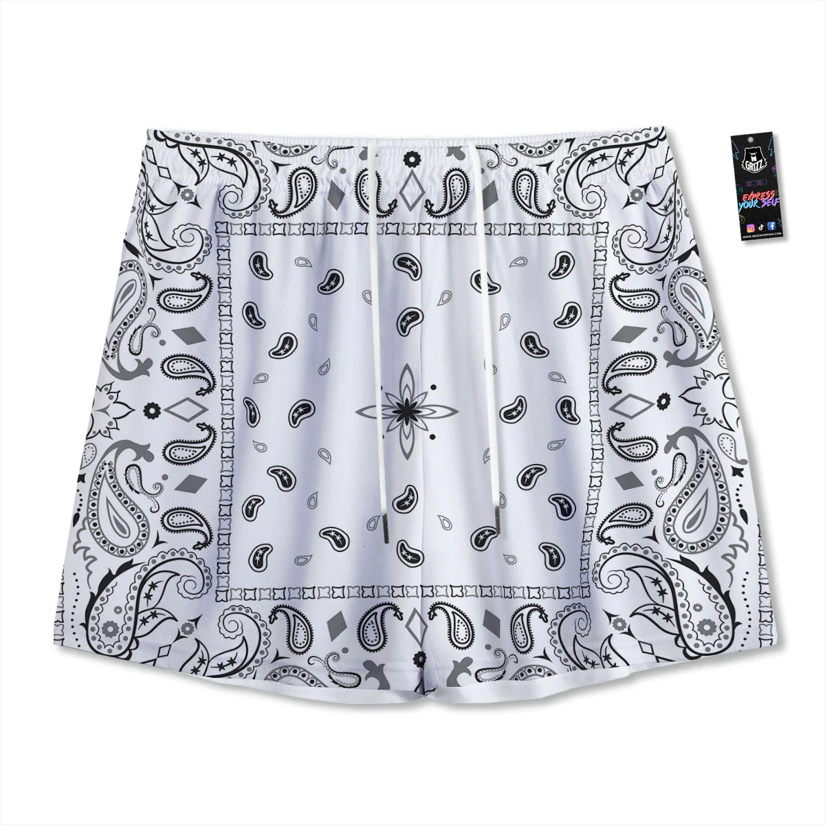 Paisley Bandana White And Black Print Mesh Shorts