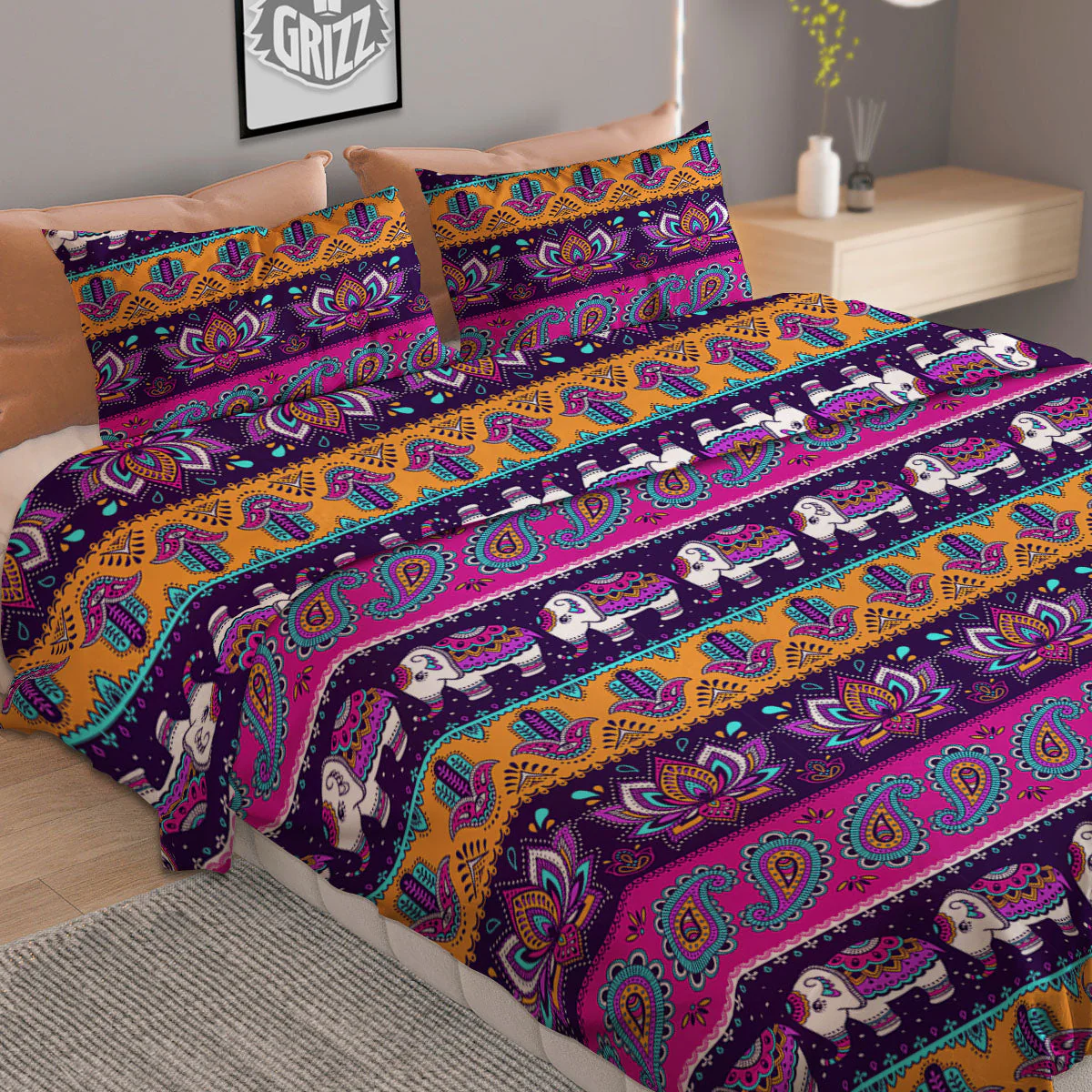 Paisley Elephant Hamsa Print Pattern Duvet Cover Bedding Set - Image 2