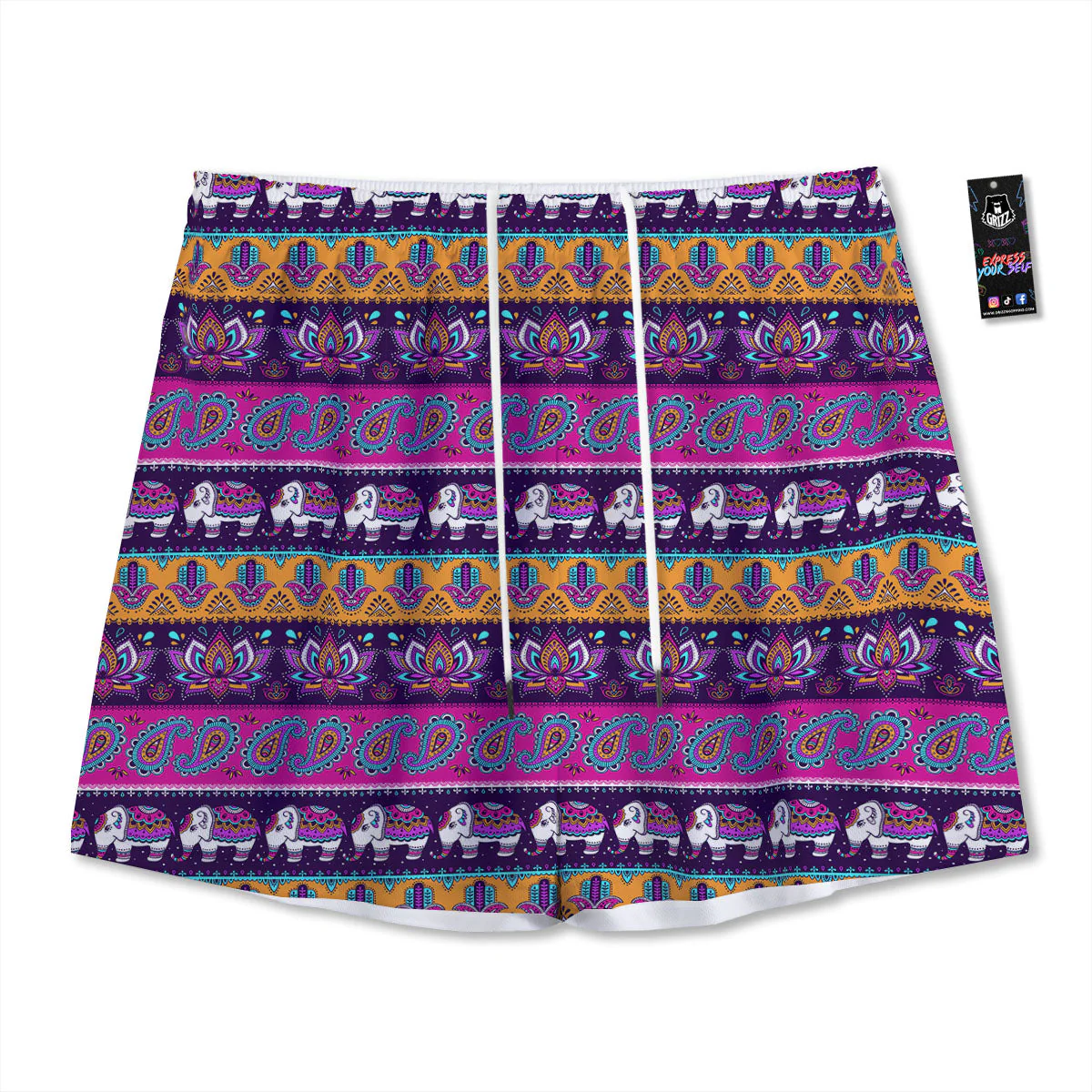 Paisley Elephant Hamsa Print Pattern Mesh Shorts