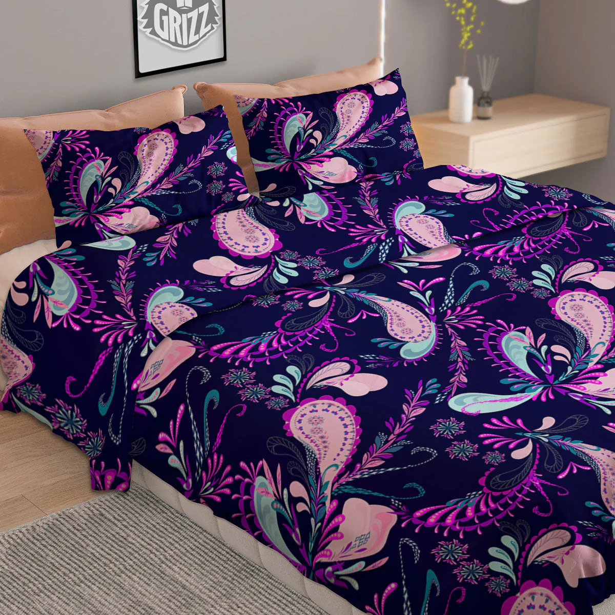 Paisley Pink And Purple Print Pattern Duvet Cover Bedding Set - Image 2