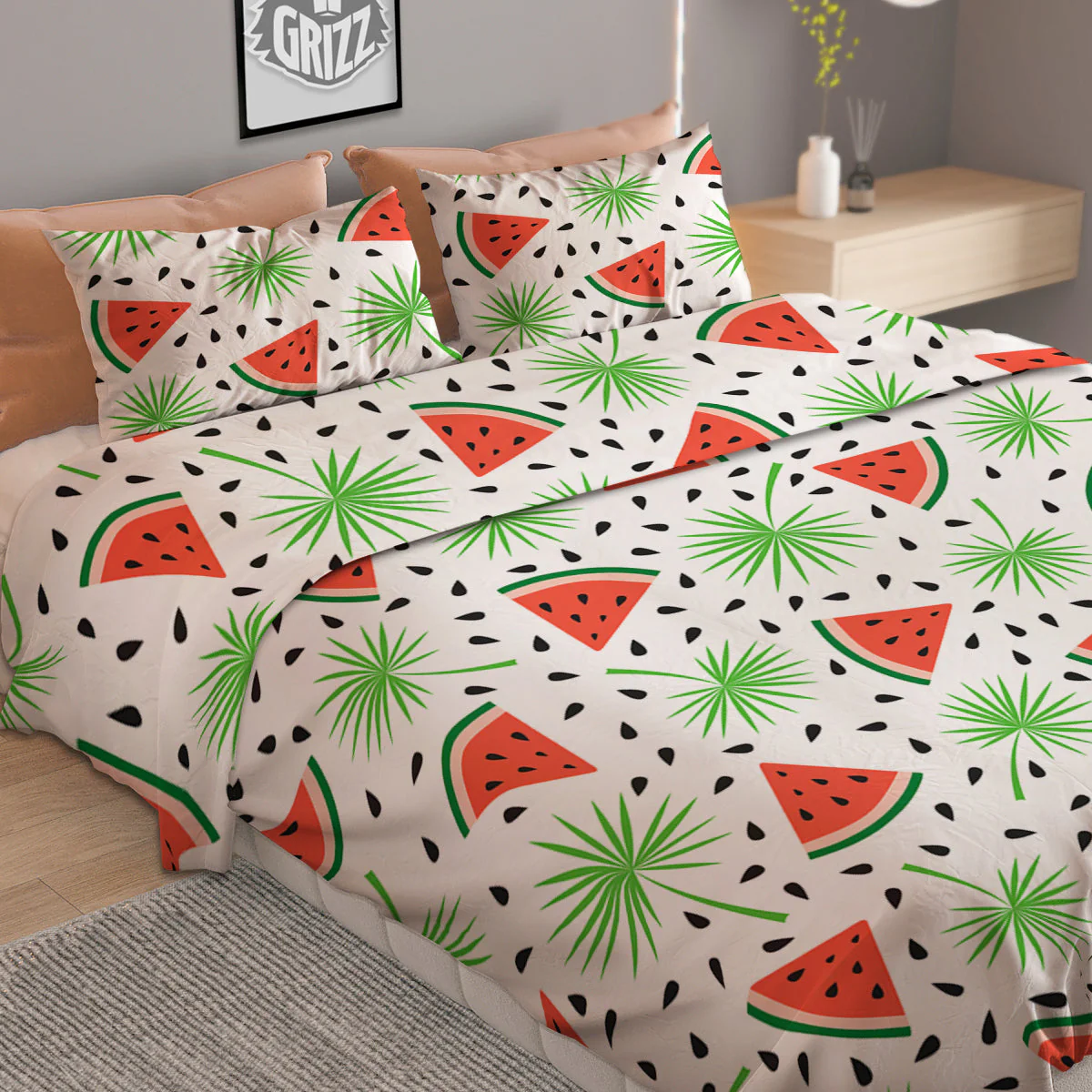 Palm Leaf Watermelon White Print Pattern Duvet Cover Bedding Set - Image 2