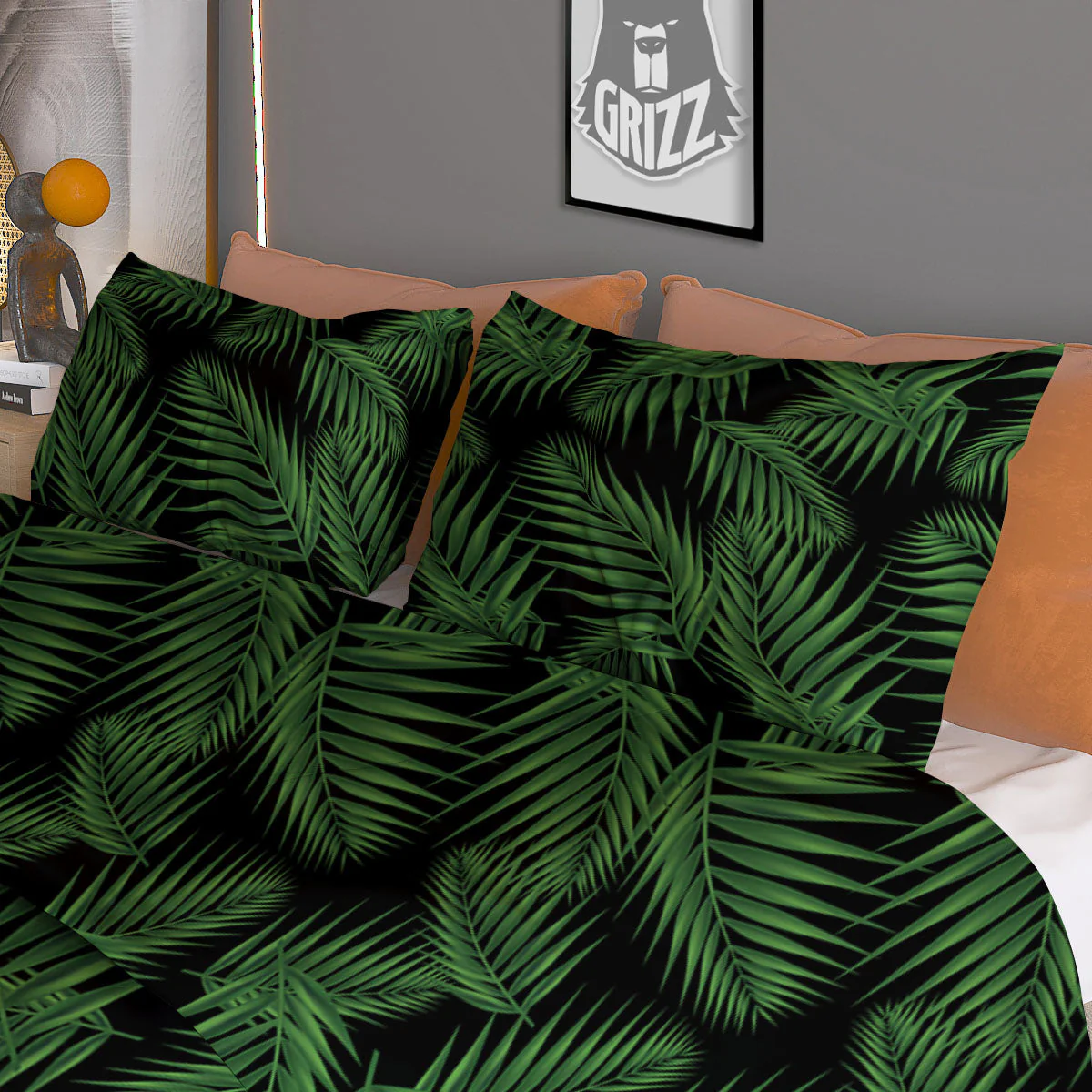 Palm Leave Night Tropical Print Pattern Duvet Cover Bedding Set - Image 3