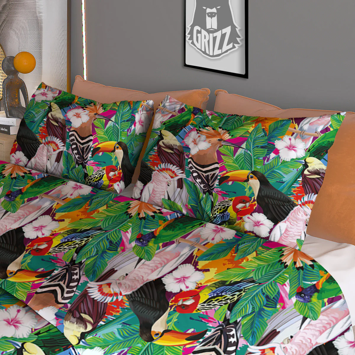 Palm Leaves And Bird Of Paradise Print Duvet Cover Bedding Set - Image 3
