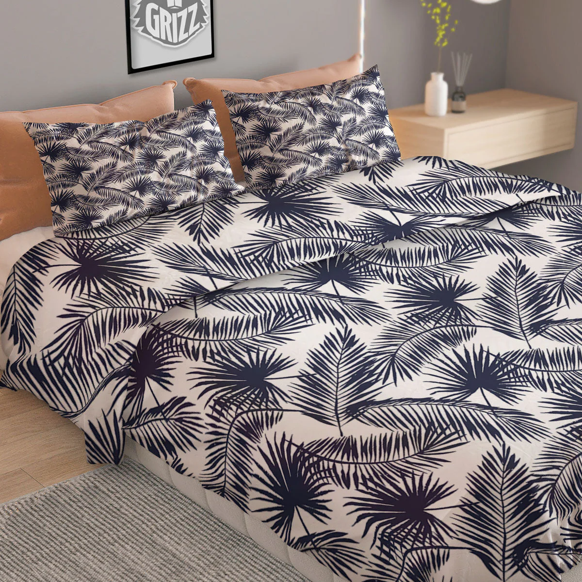 Palm Leaves White And Black Print Duvet Cover Bedding Set - Image 2