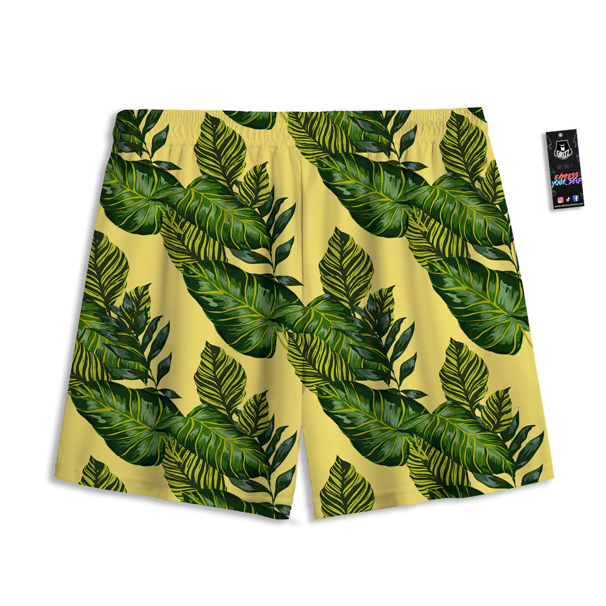 Palm Leaves Yellow Hawaiian Print Pattern Mesh Shorts - Image 2