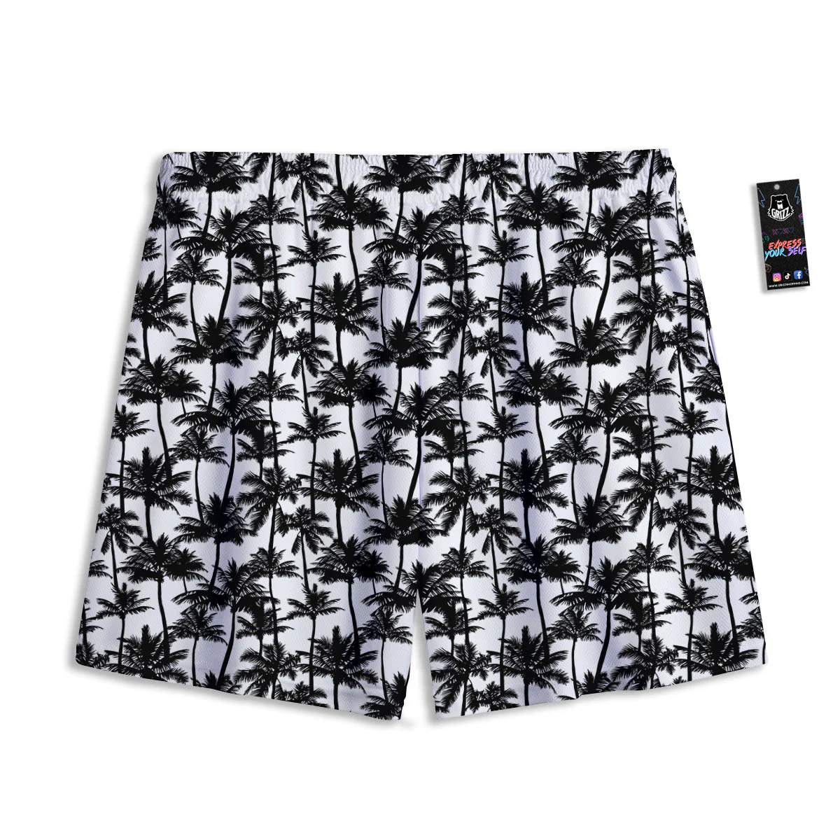 Palm Tree Black White Print Pattern Mesh Shorts - Image 2