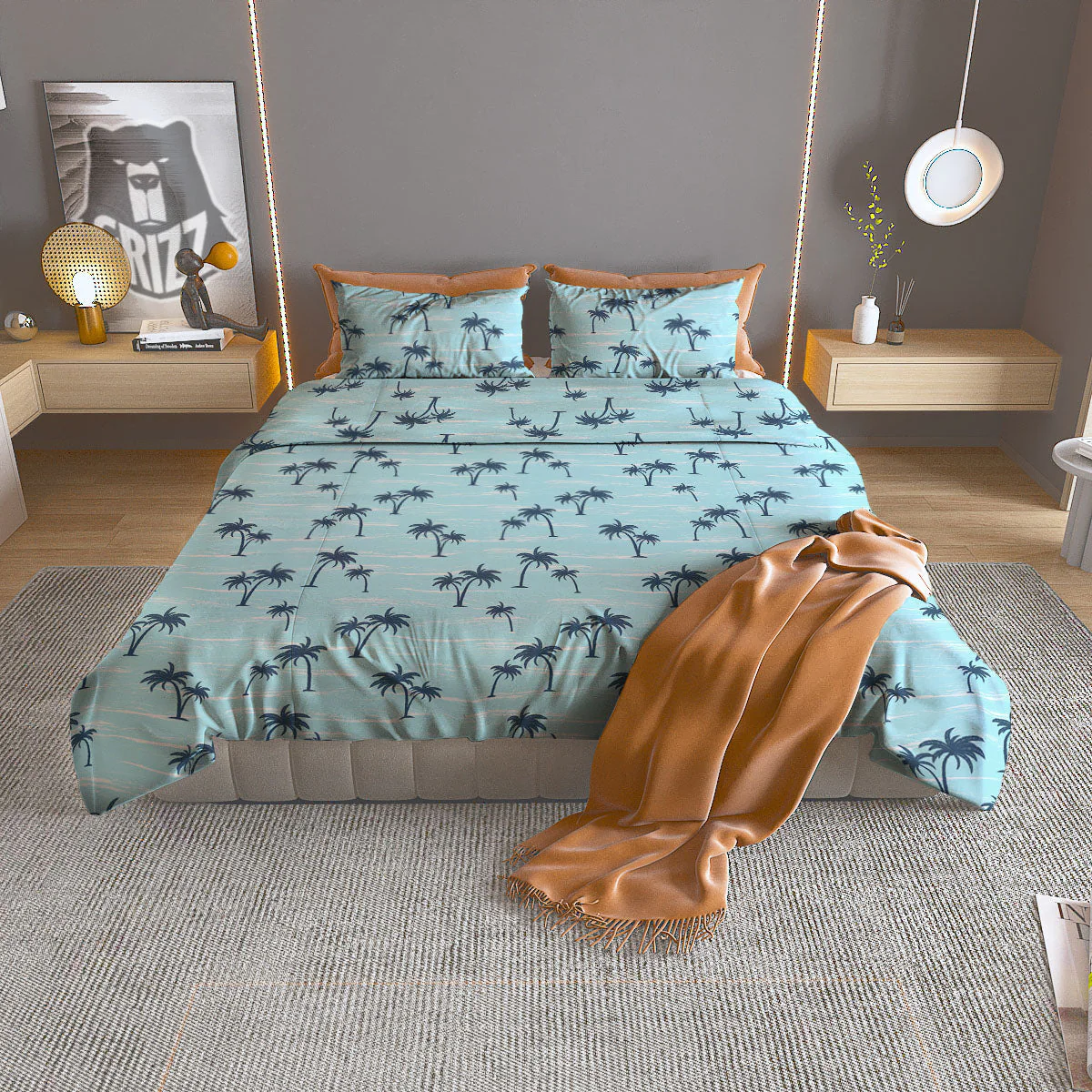 Palm Tree Blue Print Pattern Duvet Cover Bedding Set
