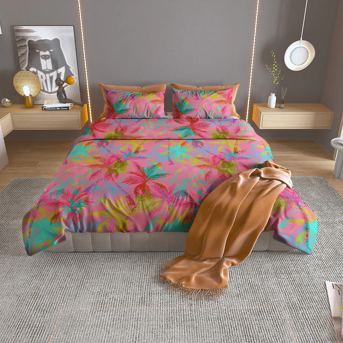 Palm Tree Rainbow Print Pattern Duvet Cover Bedding Set