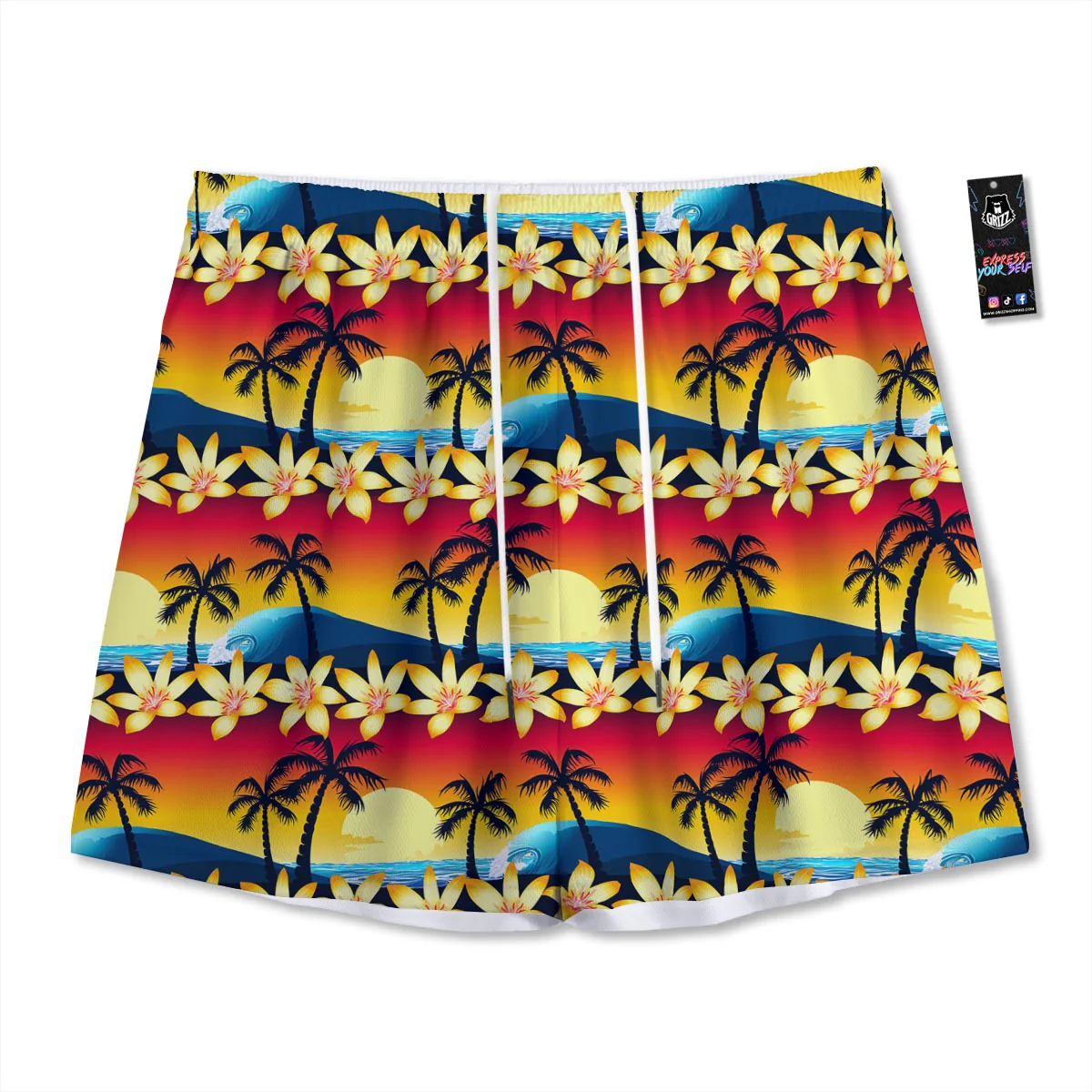Palm Tree Sunset Hibiscus Print Pattern Mesh Shorts