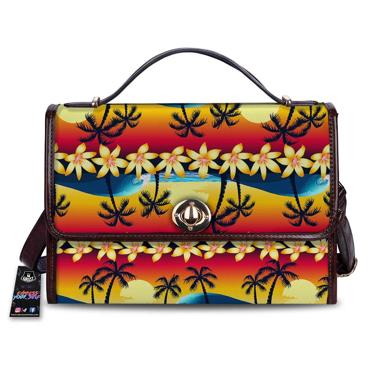Palm Tree Sunset Hibiscus Print Pattern Women's Satchel Bag