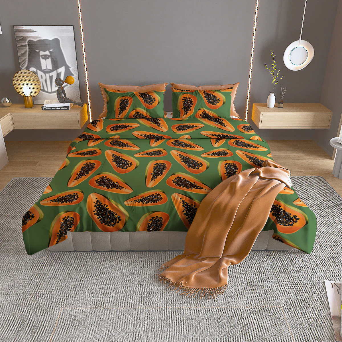 Papaya Tropical Print Pattern Duvet Cover Bedding Set