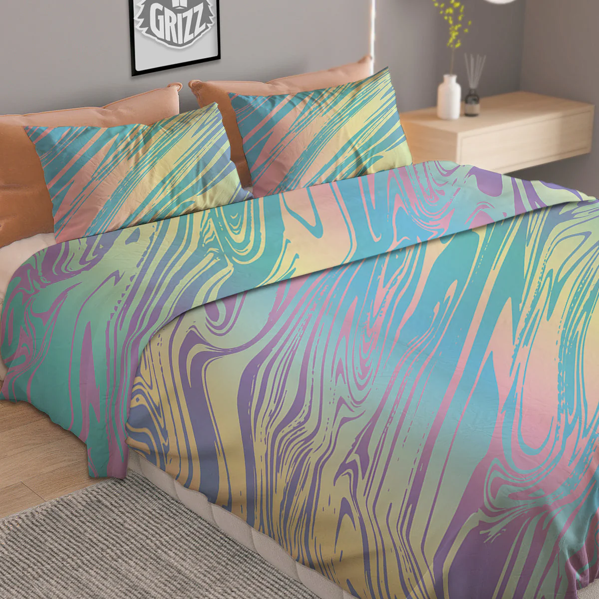 Pastel Liquid Marble Holographic Print Duvet Cover Bedding Set - Image 2