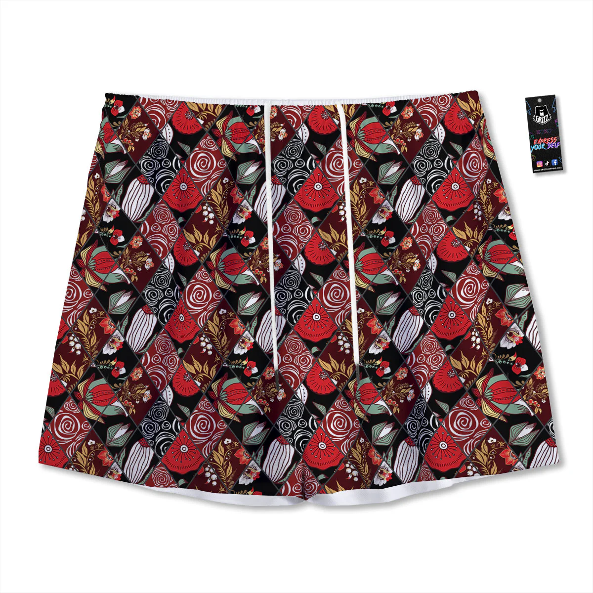 Patchwork Abstract Flower Print Pattern Mesh Shorts