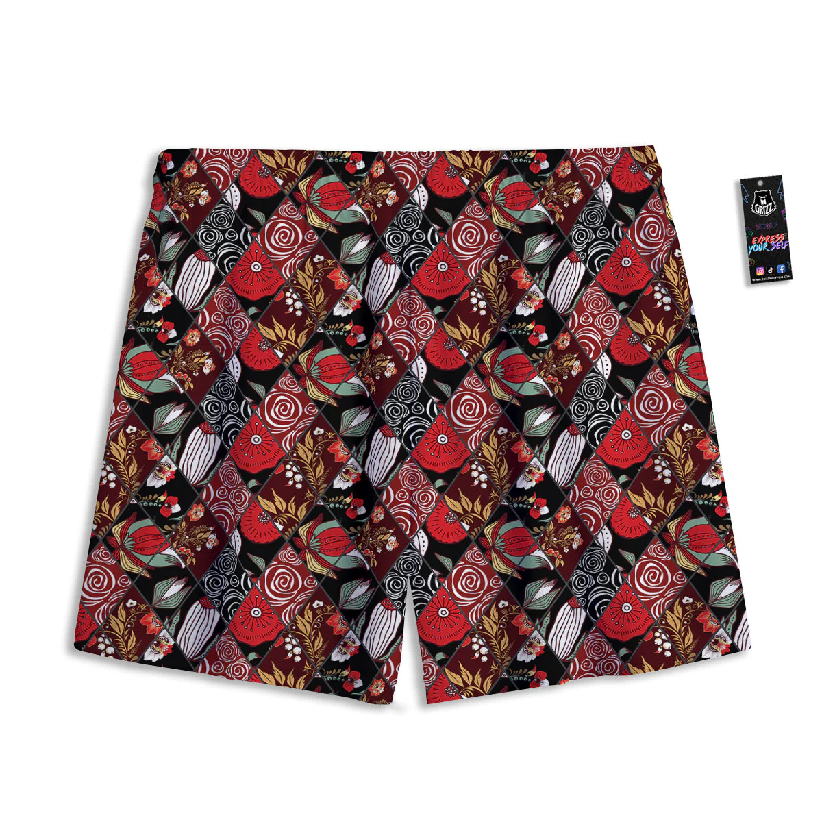 Patchwork Abstract Flower Print Pattern Mesh Shorts - Image 2