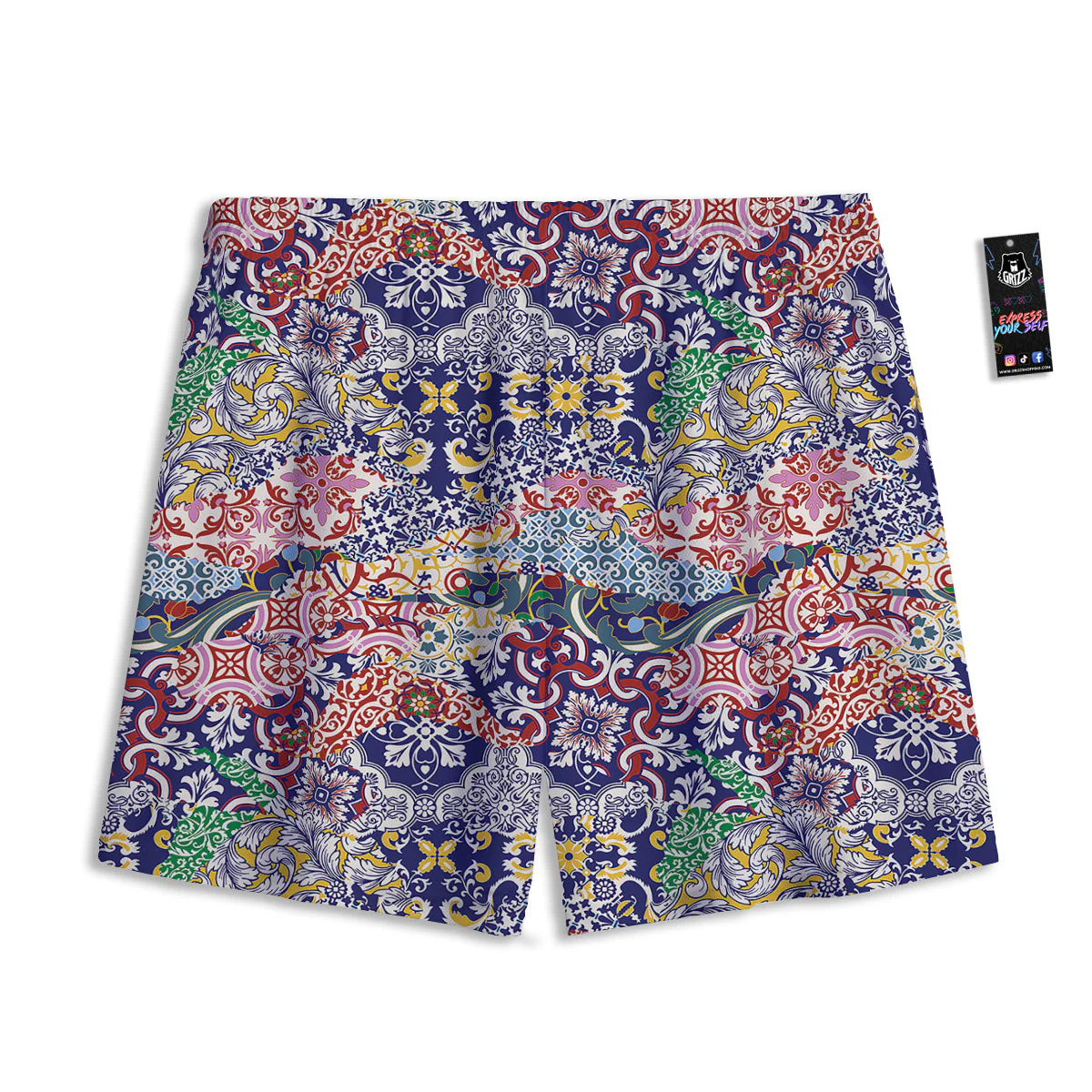 Patchwork Azulejos Tiles Print Pattern Mesh Shorts - Image 2