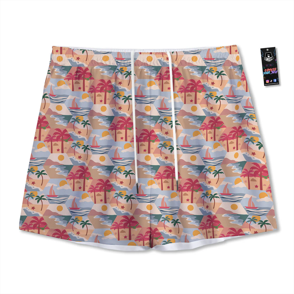 Patchwork Beach And Sunset Sky Print Pattern Mesh Shorts