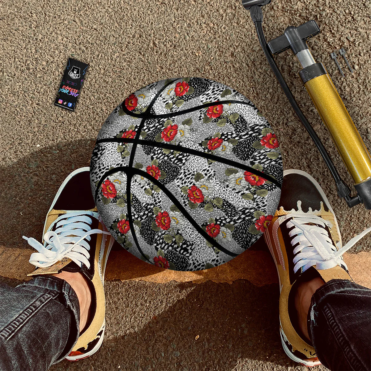 Patchwork Black White And Floral Print Pattern Basketball - Image 2