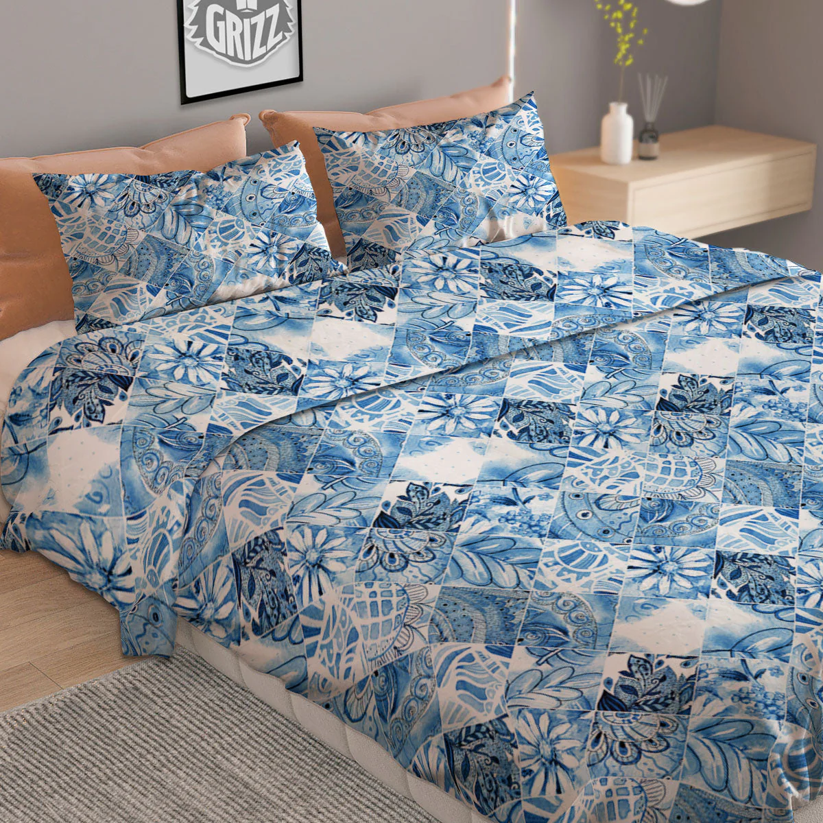 Patchwork Blue Flower Print Pattern Duvet Cover Bedding Set - Image 2