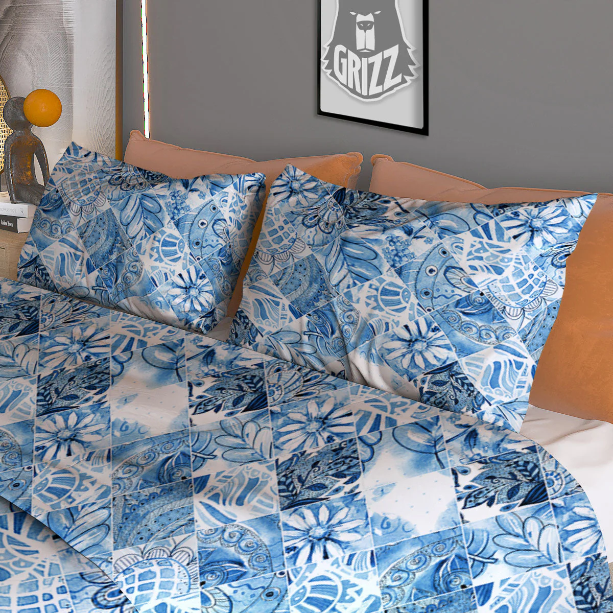 Patchwork Blue Flower Print Pattern Duvet Cover Bedding Set - Image 3