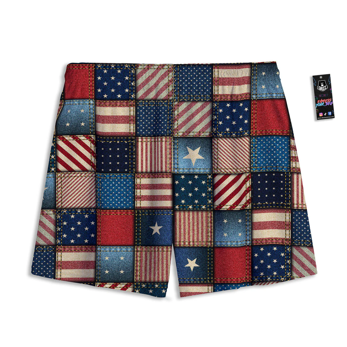 Patchwork Denim American Print Pattern Mesh Shorts - Image 2