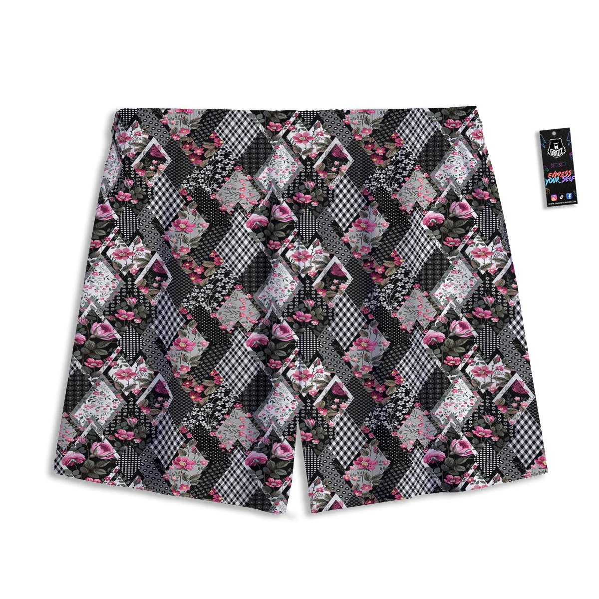 Patchwork Floral Black Pink Print Pattern Mesh Shorts - Image 2