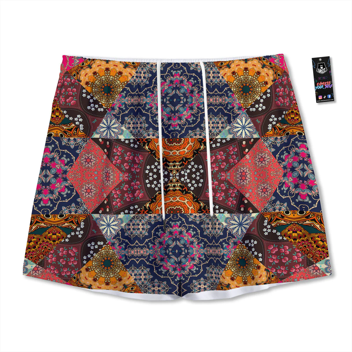 Patchwork Indian Flower Mandala Print Pattern Mesh Shorts