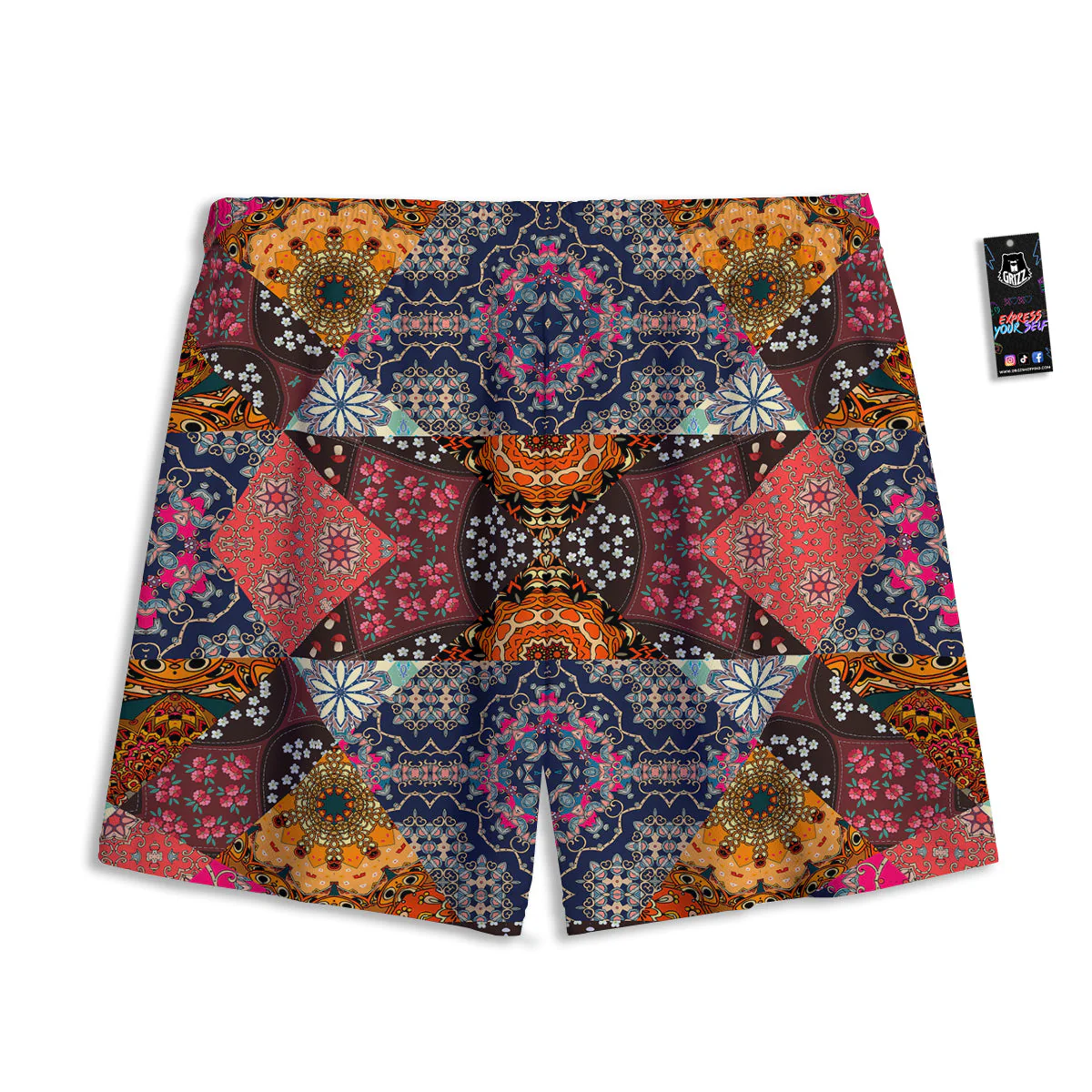 Patchwork Indian Flower Mandala Print Pattern Mesh Shorts - Image 2