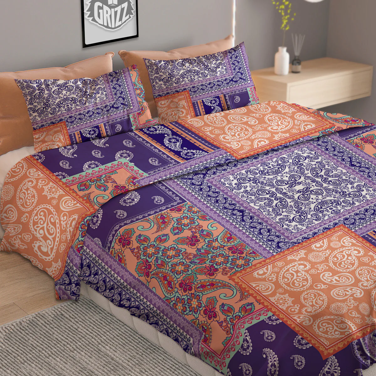 Patchwork Paisley Blue And Orange Print Pattern Duvet Cover Bedding Set - Image 2