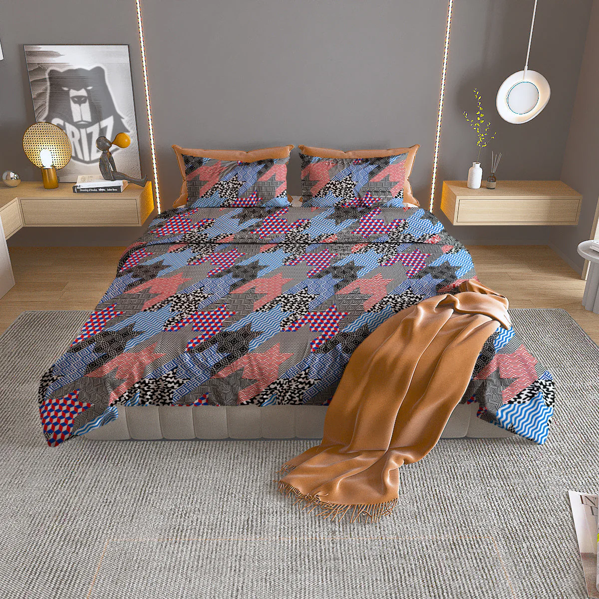 Patchwork Style And Classic Houndstooth Print Pattern Duvet Cover Bedding Set