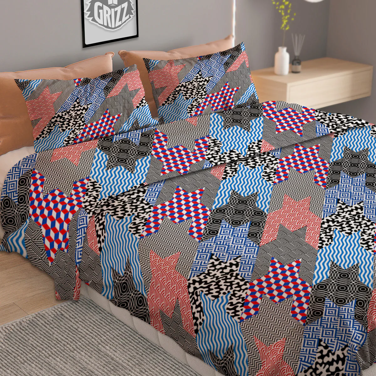 Patchwork Style And Classic Houndstooth Print Pattern Duvet Cover Bedding Set - Image 2