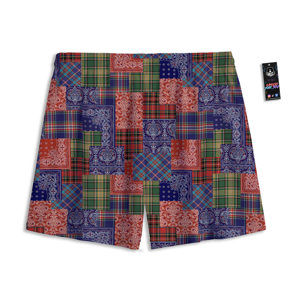 Patchwork Tartan And Bandana Print Pattern Mesh Shorts - Image 2