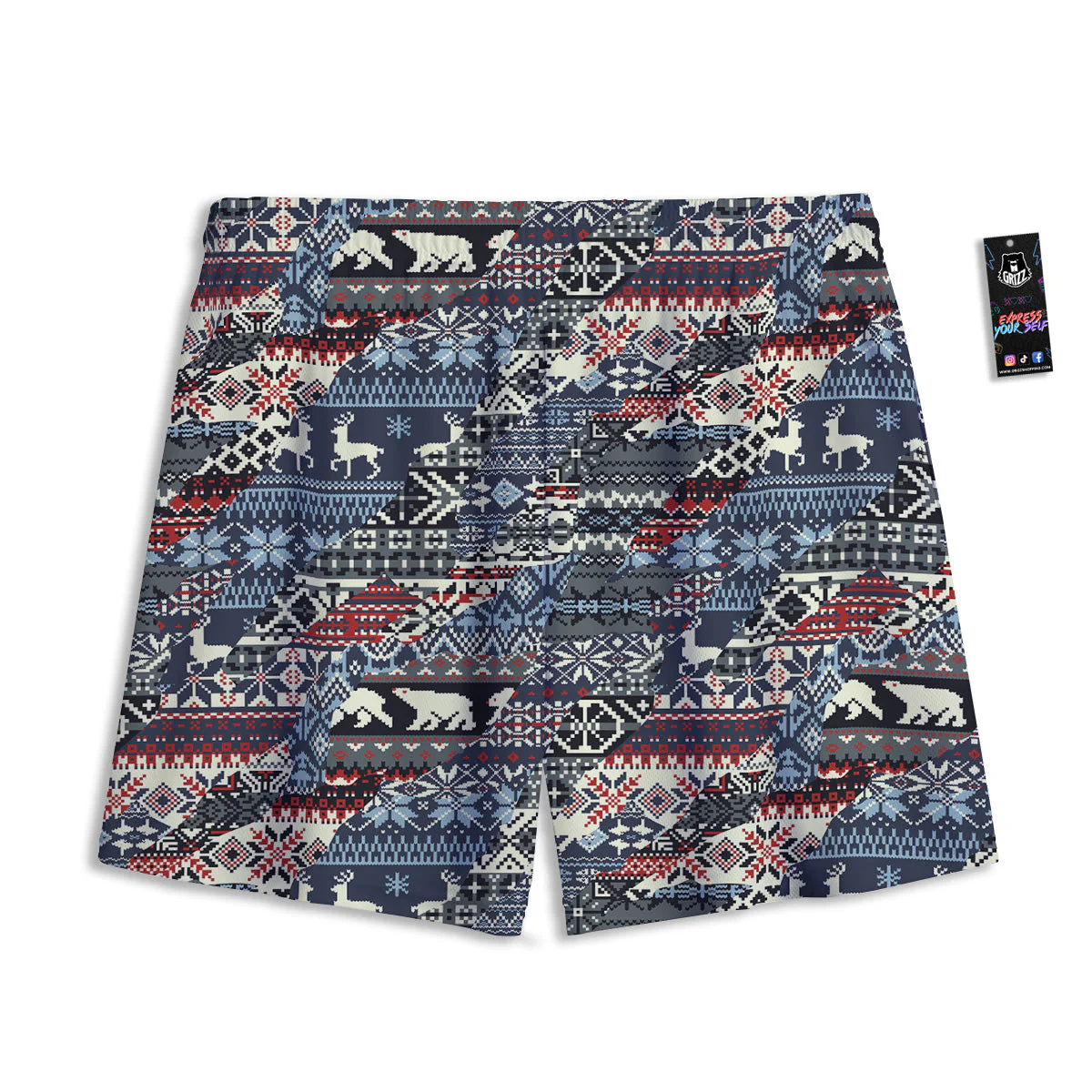 Patchwork Ugly Snowflake And Knitted Print Pattern Mesh Shorts - Image 2